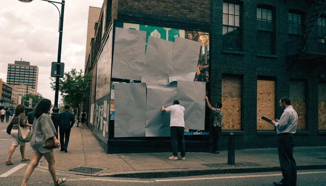 Workers covering an illegal casino billboard on a Melbourne street